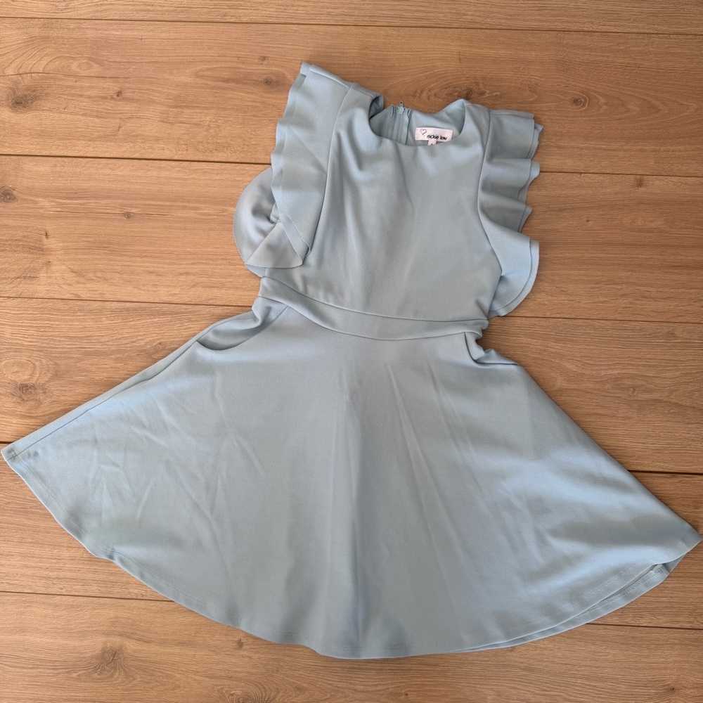 Elegant Ruffle Short Sleeve Blue Kids Dress Size 8